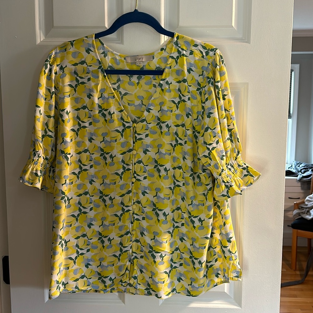 LOFT - Yellow buttoned down v-neck blouse, puffy sleeves.